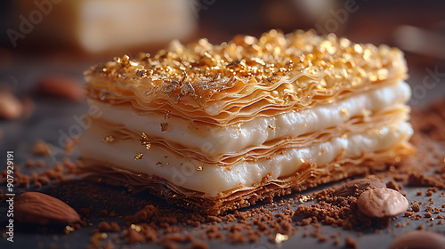 Image showcasing exquisite Millefeuille Parisian Michelin star patisserie adorned delicate edible gold leaf Capture under soft ambient lighting accentuates its layers fulfilling pastry lovers' wishes