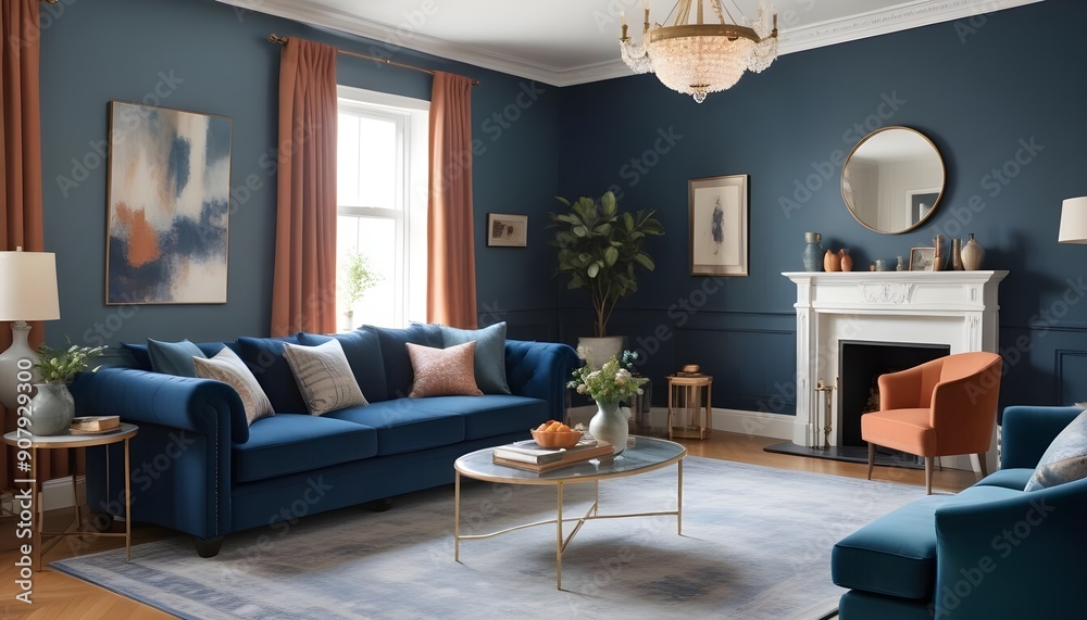 Interior design of a modern living room with blue sofas and a gray armchair Interior design of a modern living room with blue sofas and a gray armchair