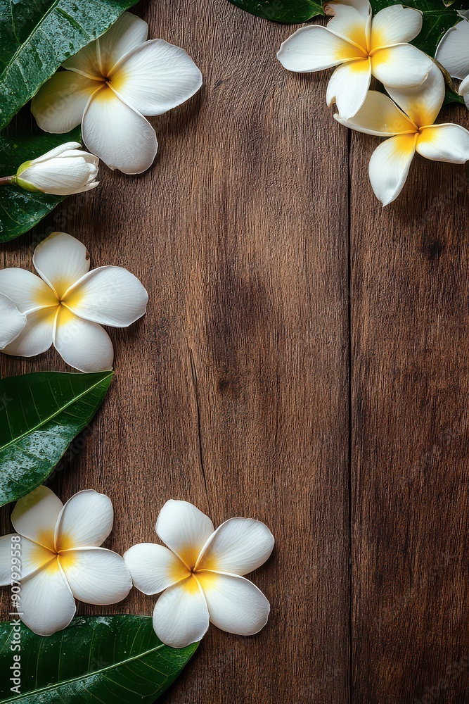 Tropical Elegance: Plumeria on Wooden Surface Tropical Elegance: Plumeria on Wooden Surface