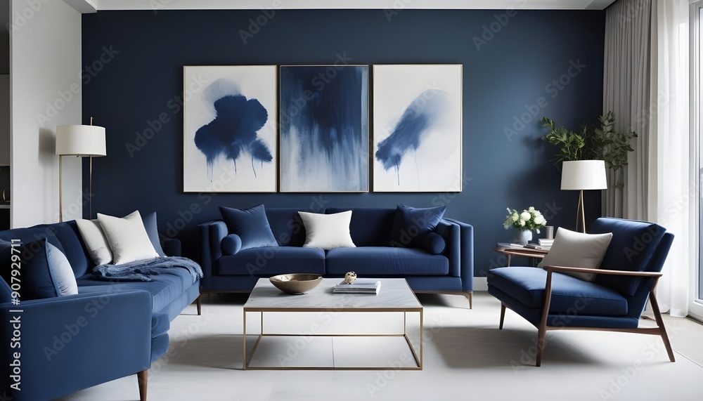 Obraz premium Interior design of a modern living room with blue sofas and a gray armchair