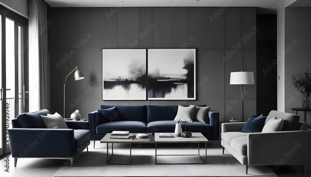 Obraz premium Interior design of a modern living room with blue sofas and a gray armchair
