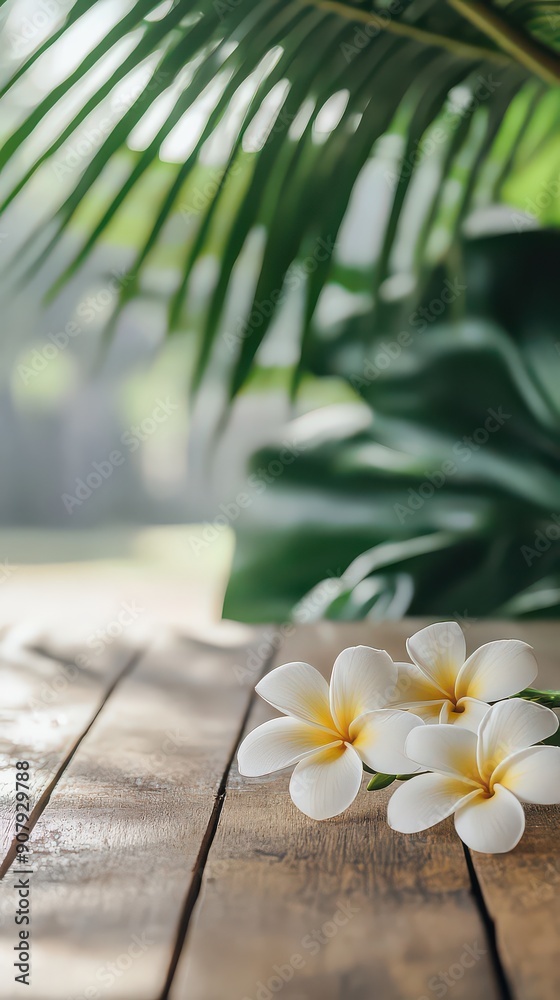 Tropical Elegance: Plumeria on Wooden Surface Tropical Elegance: Plumeria on Wooden Surface