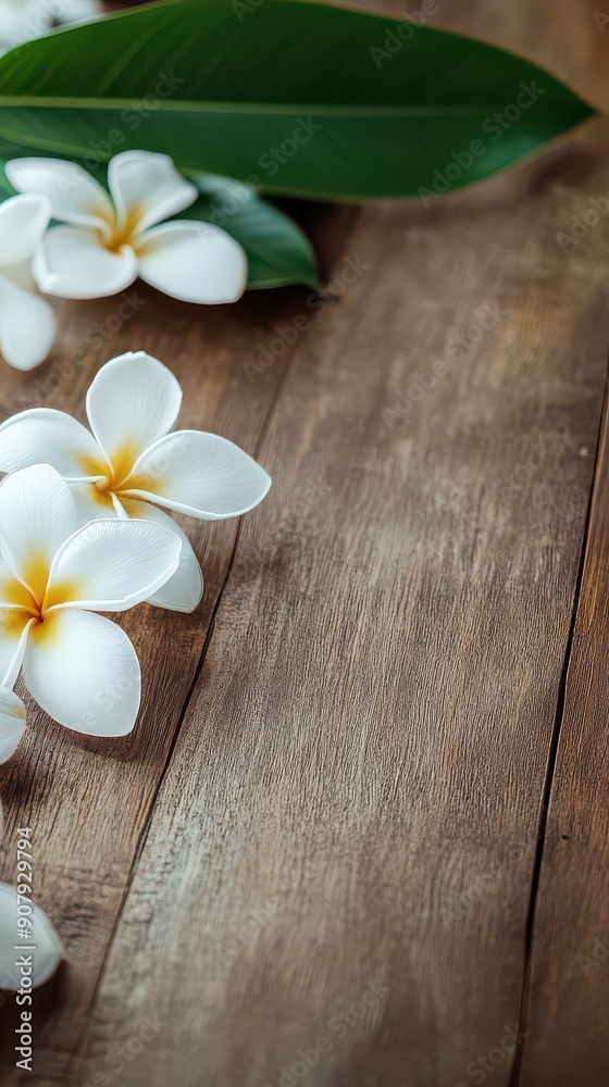 Tropical Elegance: Plumeria on Wooden Surface Tropical Elegance: Plumeria on Wooden Surface