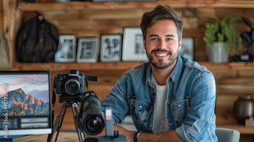 Portrait of young handsome photographer at his home office 