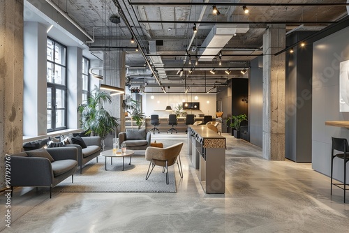 Gray and beige open space office interior, Generative AI