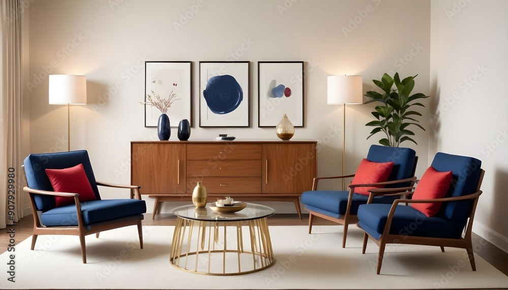Fototapeta premium Interior design of a modern living room with blue armchairs, a beige sideboard over a white stucco wall, and contemporary dresser and coffee tables