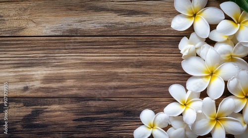 Tropical Elegance: Plumeria on Wooden Surface photo