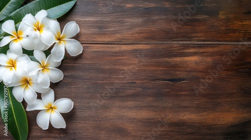 Tropical Elegance: Plumeria on Wooden Surface photo