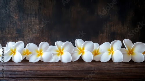 Tropical Elegance: Plumeria on Wooden Surface photo