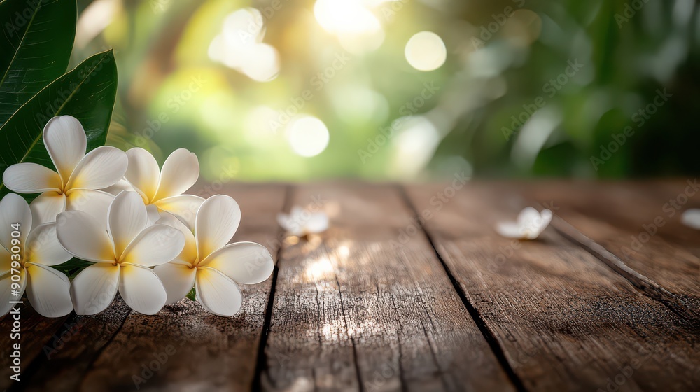Tropical Elegance: Plumeria on Wooden Surface Tropical Elegance: Plumeria on Wooden Surface