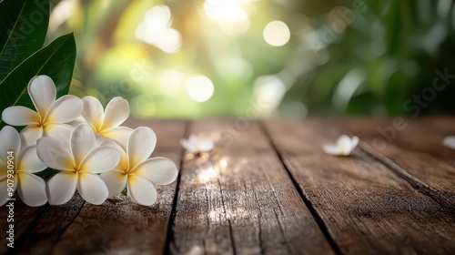 Tropical Elegance: Plumeria on Wooden Surface photo