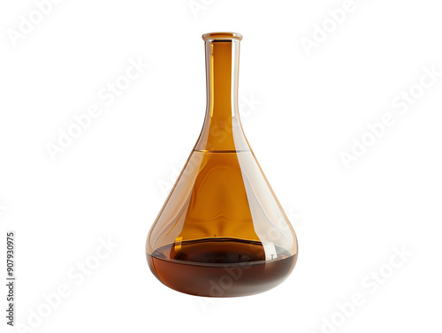 A clear amber glass decanter with a narrow neck and wide base, partially filled with liquid, isolated on a white background.