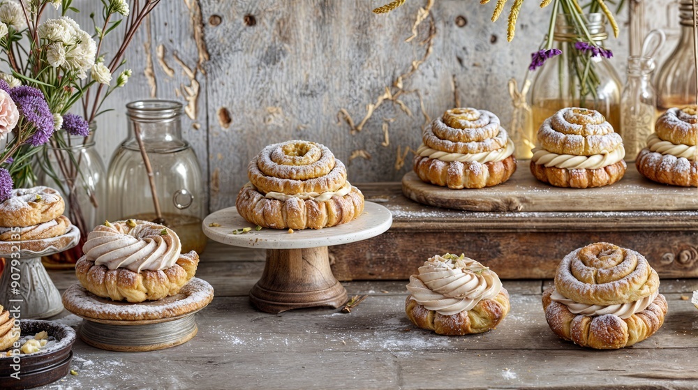 Assorted pastries displayed with flowers on rustic table. Assorted pastries displayed with flowers on rustic table.