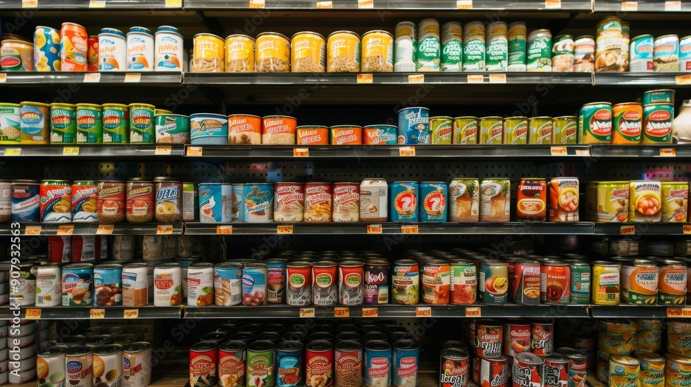 Canned Goods on a Grocery Store Shelf.