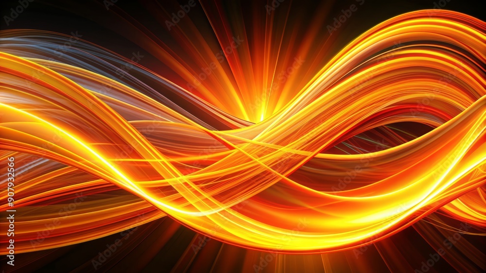 Vibrant orange and yellow curved lines conveying dynamic energy and movement, swirling in abstract harmony, against a dark background, creating a mesmerizing visual experience. Vibrant orange and yellow curved lines conveying dynamic energy and movement, swirling in abstract harmony, against a dark background, creating a mesmerizing visual experience.