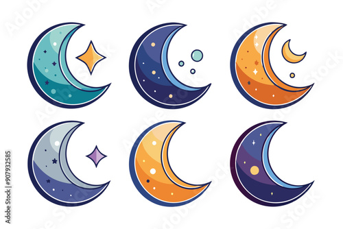 Six Illustrated Crescents with Stars and Planets