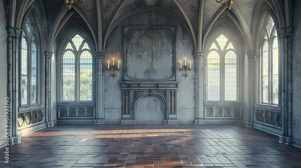 Obraz premium A grand, gothic room with high ceilings, arched windows, and a fireplace. The room is empty and bathed in soft sunlight, creating a sense of mystery and grandeur.