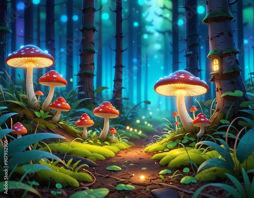 A magical background with a misty night forest