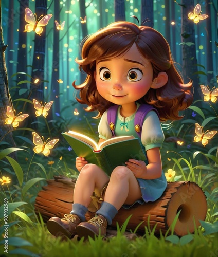 A cute girl sitting with a book on a log