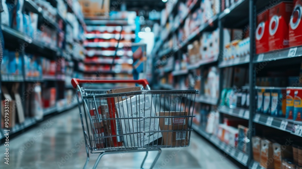Shopping Cart in a Supermarket Aisle. Shopping Cart in a Supermarket Aisle.