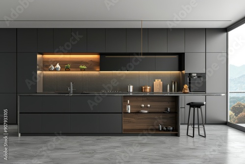 Modern grey kitchen cabinet. Frontal view, Generative AI photo