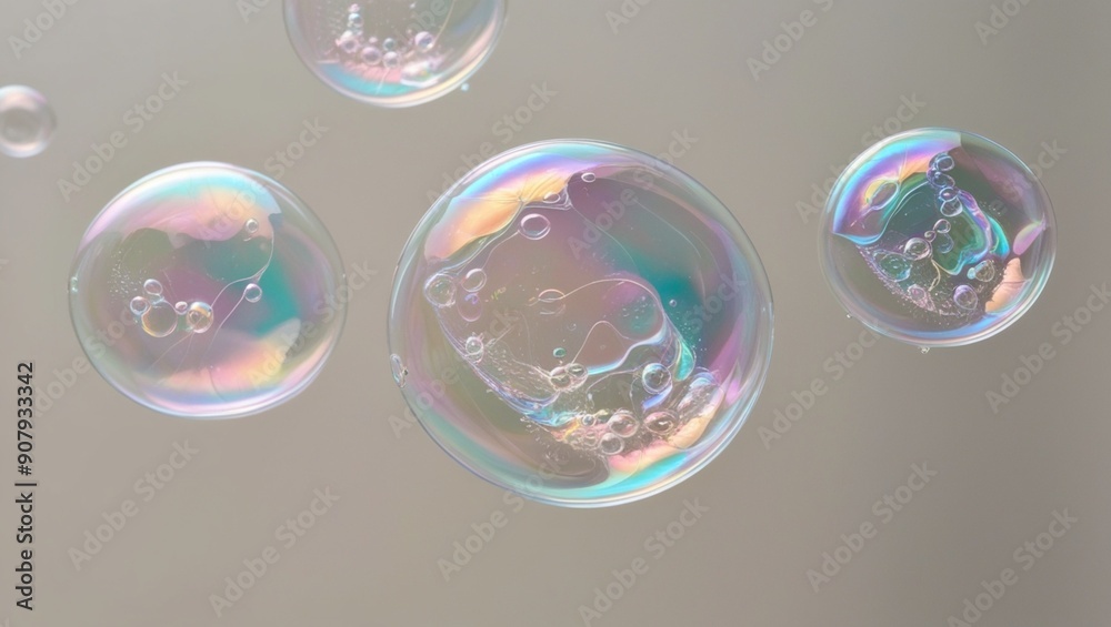 Detailed photo of soap bubbles, focusing on their iridescent surfaces and the thin film interference patterns Detailed photo of soap bubbles, focusing on their iridescent surfaces and the thin film interference patterns