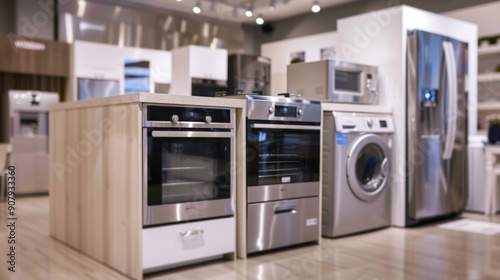 Modern kitchen appliances on display in a showroom.