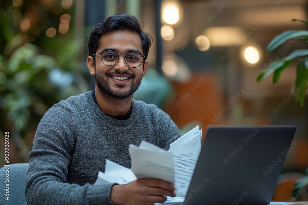 A smiling young Indian man is working in the office with a laptop and documents, holding papers and talking on a video call with clients and partners, Generative AI A smiling young Indian man is working in the office with a laptop and documents, holding papers and talking on a video call with clients and partners, Generative AI