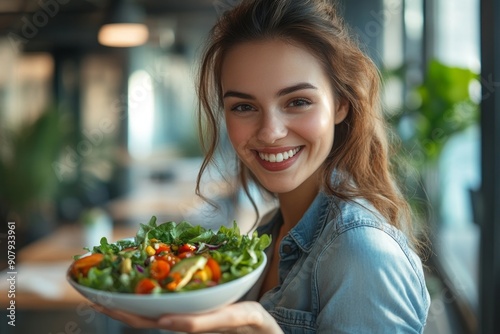 Young woman eating salad in an office, Generative AI