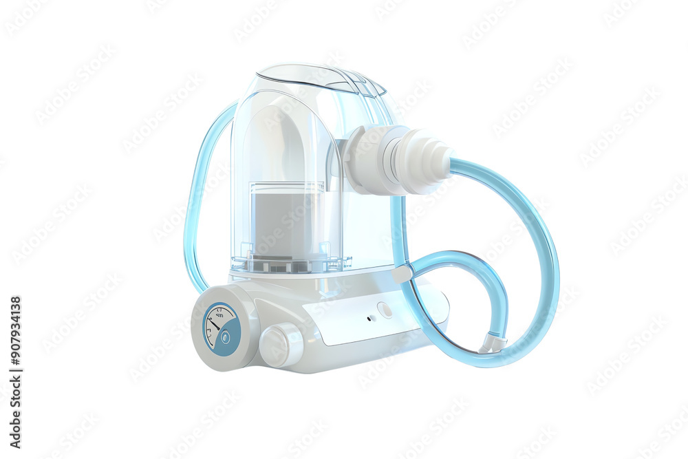 Medical nebulizer device with transparent chamber and tubes for respiratory treatment and medication inhalation, isolated on white background. Medical nebulizer device with transparent chamber and tubes for respiratory treatment and medication inhalation, isolated on white background.