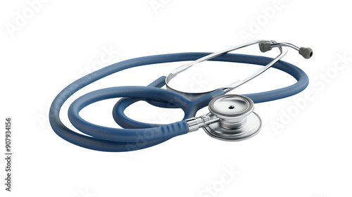A close-up image of a blue stethoscope isolated on a white background, used by medical professionals for health examinations and diagnostics.