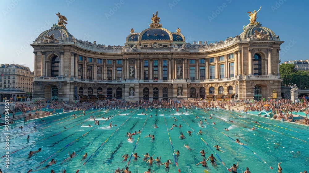 Fototapeta premium A panoramic view of a synchronized swimming team performing in a pool set against the backdrop of the Palais Garnier, Paris' famous opera house, blending grace and Parisian culture.