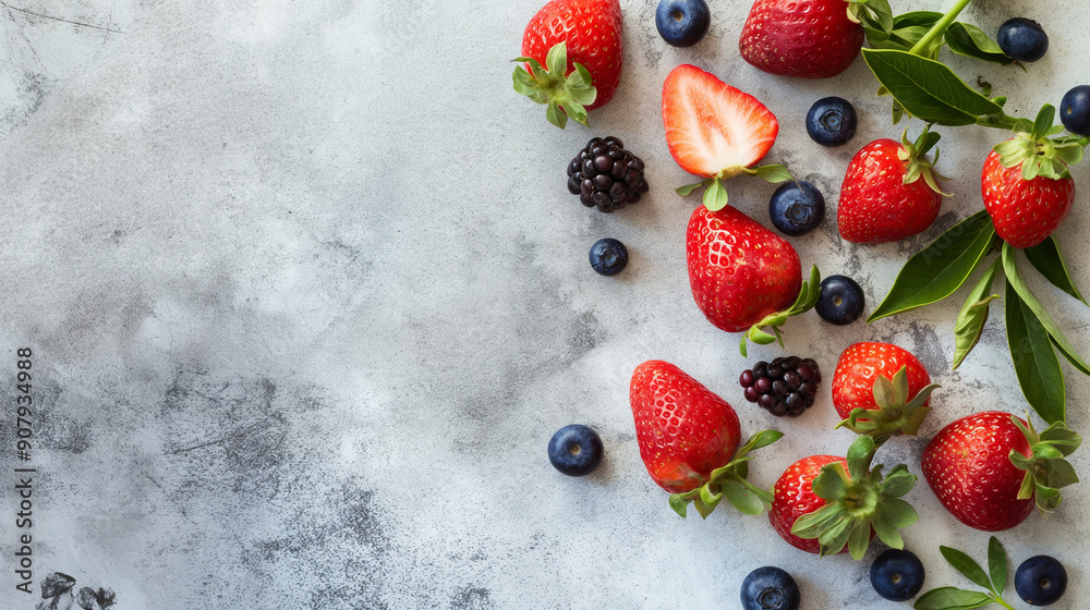 Fresh strawberries and blueberries on a light concrete background, top view - perfect for healthy lifestyle and food photography Fresh strawberries and blueberries on a light concrete background, top view - perfect for healthy lifestyle and food photography