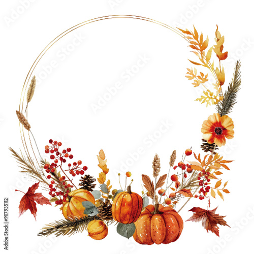 Elegant autumn wreath featuring pumpkins, wildflowers, and berries encircled by golden wheat and fall leaves. Circular Autumn Wreath with Pumpkins and Wildflowers


