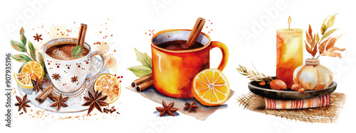 Warm and inviting illustration of autumn beverages, featuring mulled wine, hot chocolate, and spiced cider with citrus and cinnamon. Autumn Beverages with Spices and Citrus Illustration

