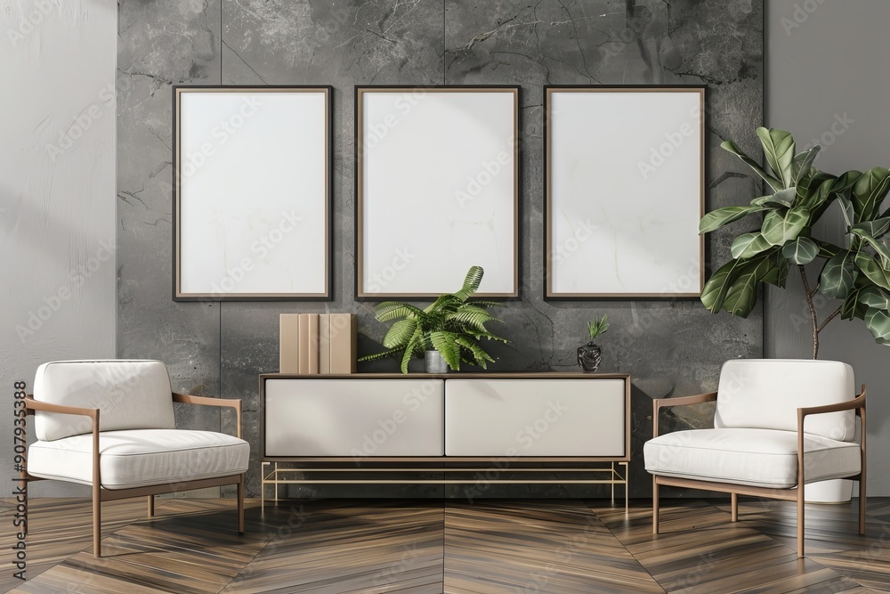 Stylish relax room interior with armchairs and sideboard, mockup frame, Generative AI Stylish relax room interior with armchairs and sideboard, mockup frame, Generative AI