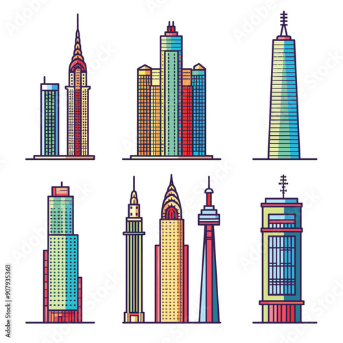 Modern skyscrapers buildings. Various highrise city towers architecture. Urban skyline icons colorful drawing. Isolated white background