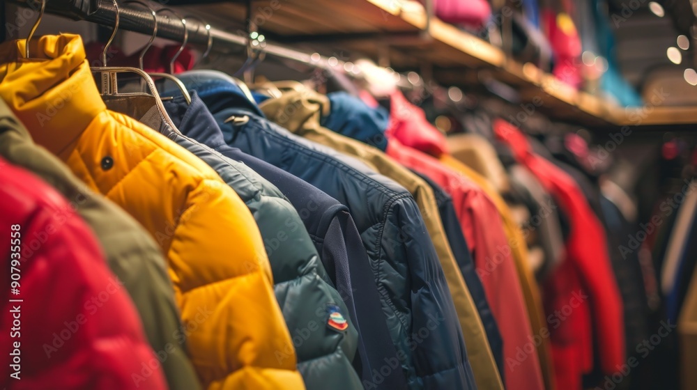Colorful Winter Jackets on Hangers. Colorful Winter Jackets on Hangers.