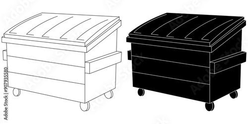 Black and white and white and black graphic of a dumpster bin