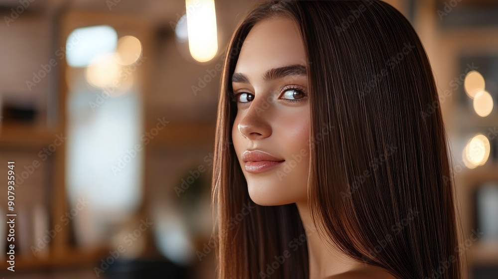 Fototapeta premium Beautiful model with shiny brown straight hair, undergoing keratin treatment for smooth, straight, and healthy locks.