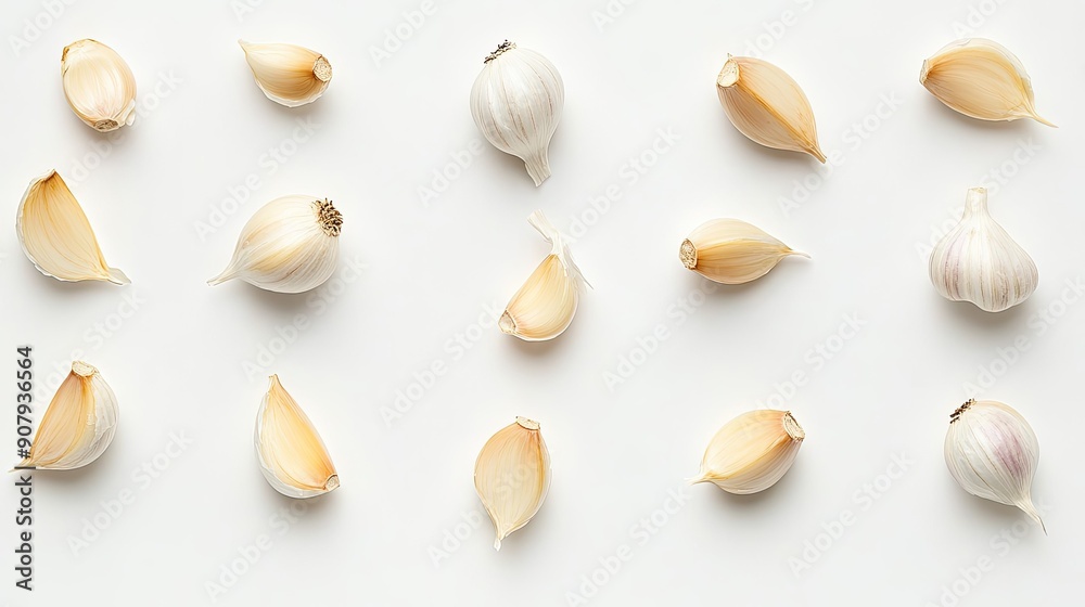 Close-up of garlic cloves isolated on white background. Top view flat lay showing rich texture Close-up of garlic cloves isolated on white background. Top view flat lay showing rich texture