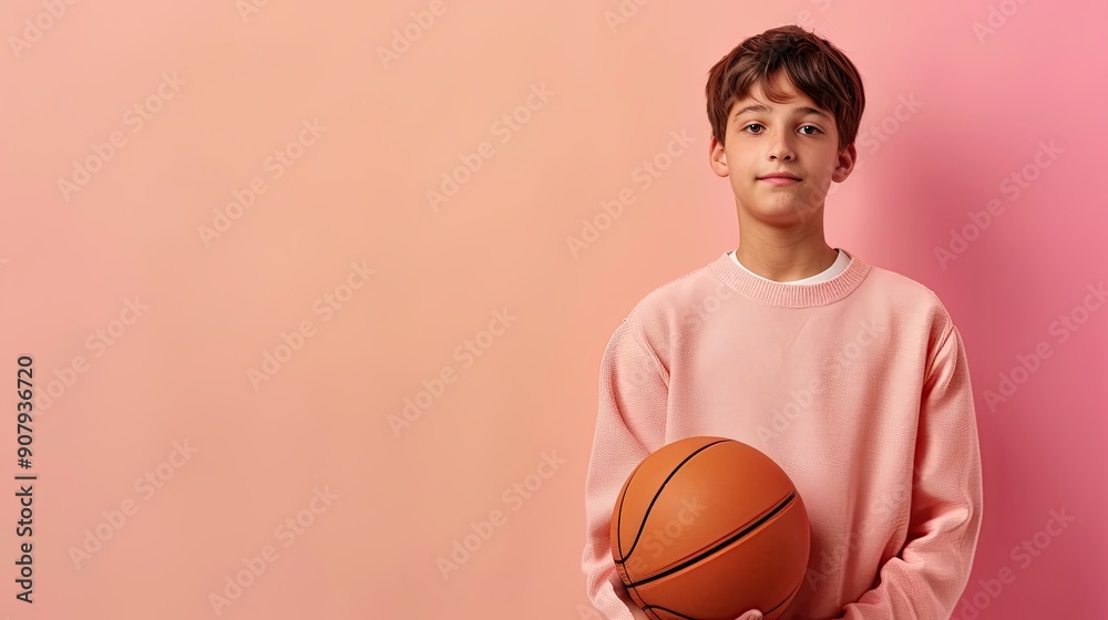 Cool Schoolboy Holding Basketball in Empty Space Against Pastel Color Background Cool Schoolboy Holding Basketball in Empty Space Against Pastel Color Background