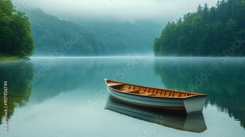 A solitary rowboat floats on a calm, mist-covered lake surrounded by dense green forest, creating a peaceful and tranquil atmosphere.