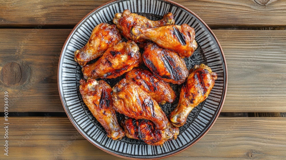 Delicious grilled chicken wings on a plate, seen from above. Wooden table background for an appetizing Thai street food shot Delicious grilled chicken wings on a plate, seen from above. Wooden table background for an appetizing Thai street food shot