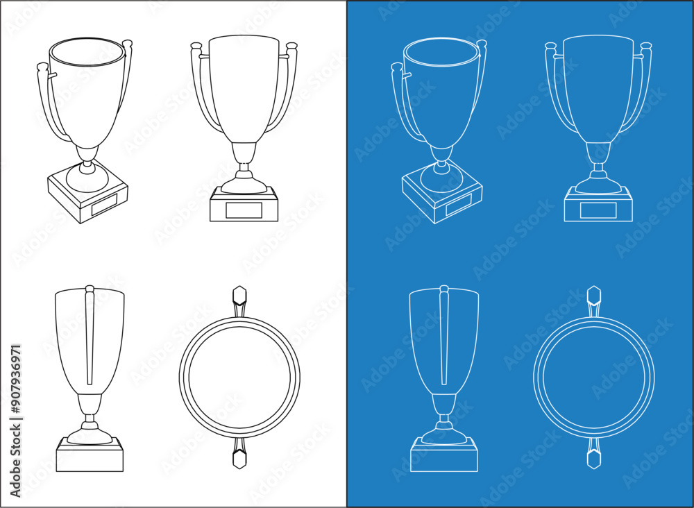 set Trophy cup Design Blueprint with any view and isolated on transparent background set Trophy cup Design Blueprint with any view and isolated on transparent background