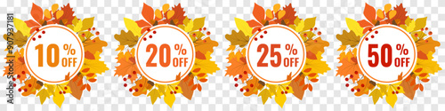 Set of autumn frames made of yellow leaves and berries with discount advertising, vector. Label, tag for autumn discounts, discount percentage.