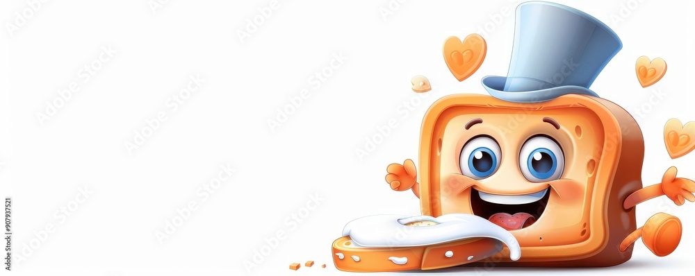 Fototapeta premium A cheerful toast character wearing a top hat with a heart-shaped fried egg, expressing joy and fun in a cartoon style.