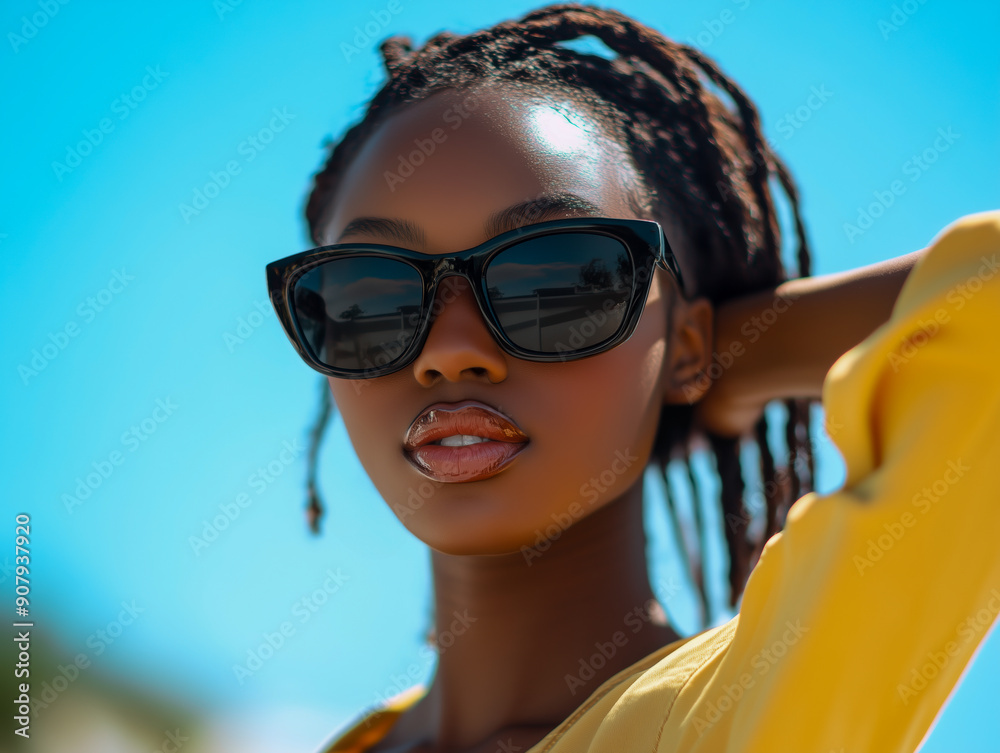 Black fashion influencer putting on sunglasses Black fashion influencer putting on sunglasses