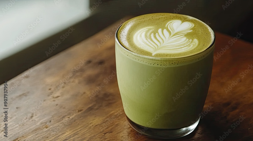Hot matcha latte with milk and latte art in a glass, on a wooden table. Close-up, perfect for adding text Hot matcha latte with milk and latte art in a glass, on a wooden table. Close-up, perfect for adding text