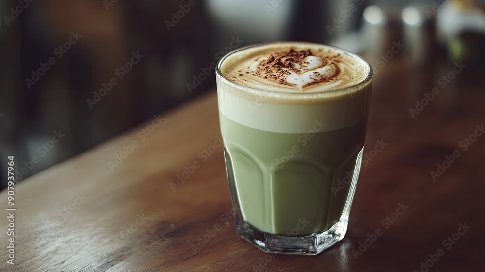 Hot matcha latte with milk and latte art in a glass, on a wooden table. Close-up, perfect for adding text Hot matcha latte with milk and latte art in a glass, on a wooden table. Close-up, perfect for adding text
